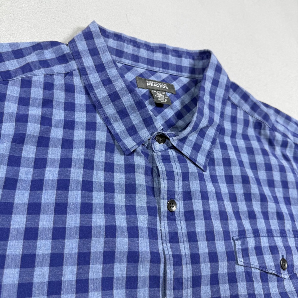 Kenneth Cole Reaction Mens XXL Blue Gingham Plaid Short Sleeve Button Up Shirt